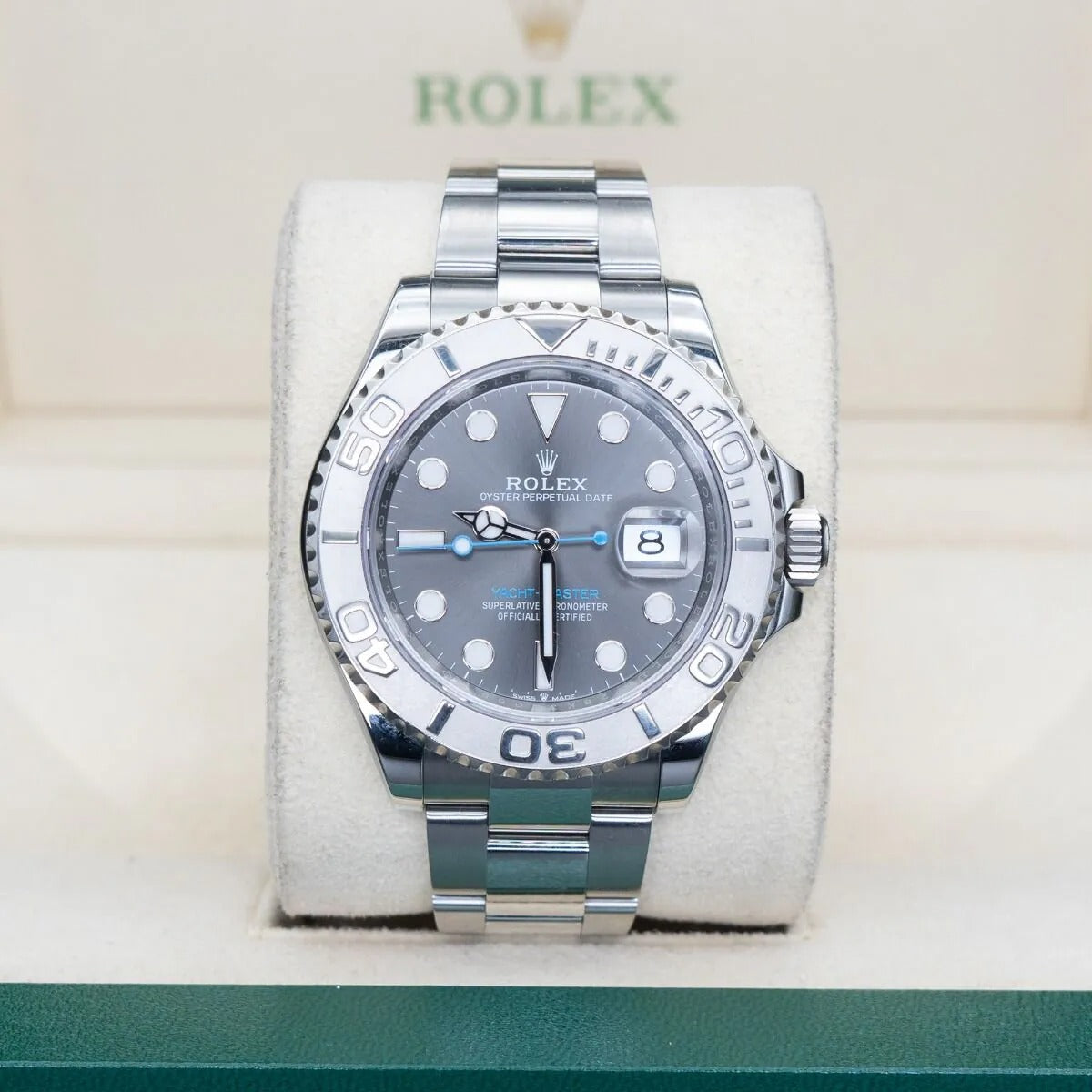 Rolex Yacht-Master 126622 Rhodium Dial 2024 Rolex watch with a gray dial on a white cushion, brand name visible.